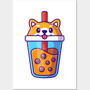 Cute Shiba Inu Milk Tea Boba Cartoon Posters and Art